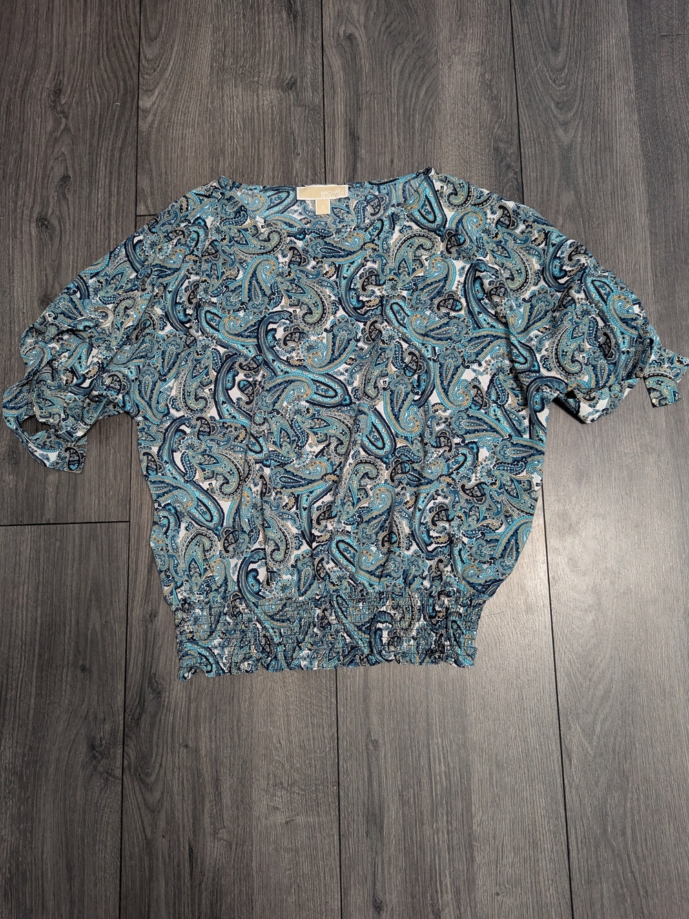 Michael Kors Teal and Navy Paisley Short Sleeve Blouse